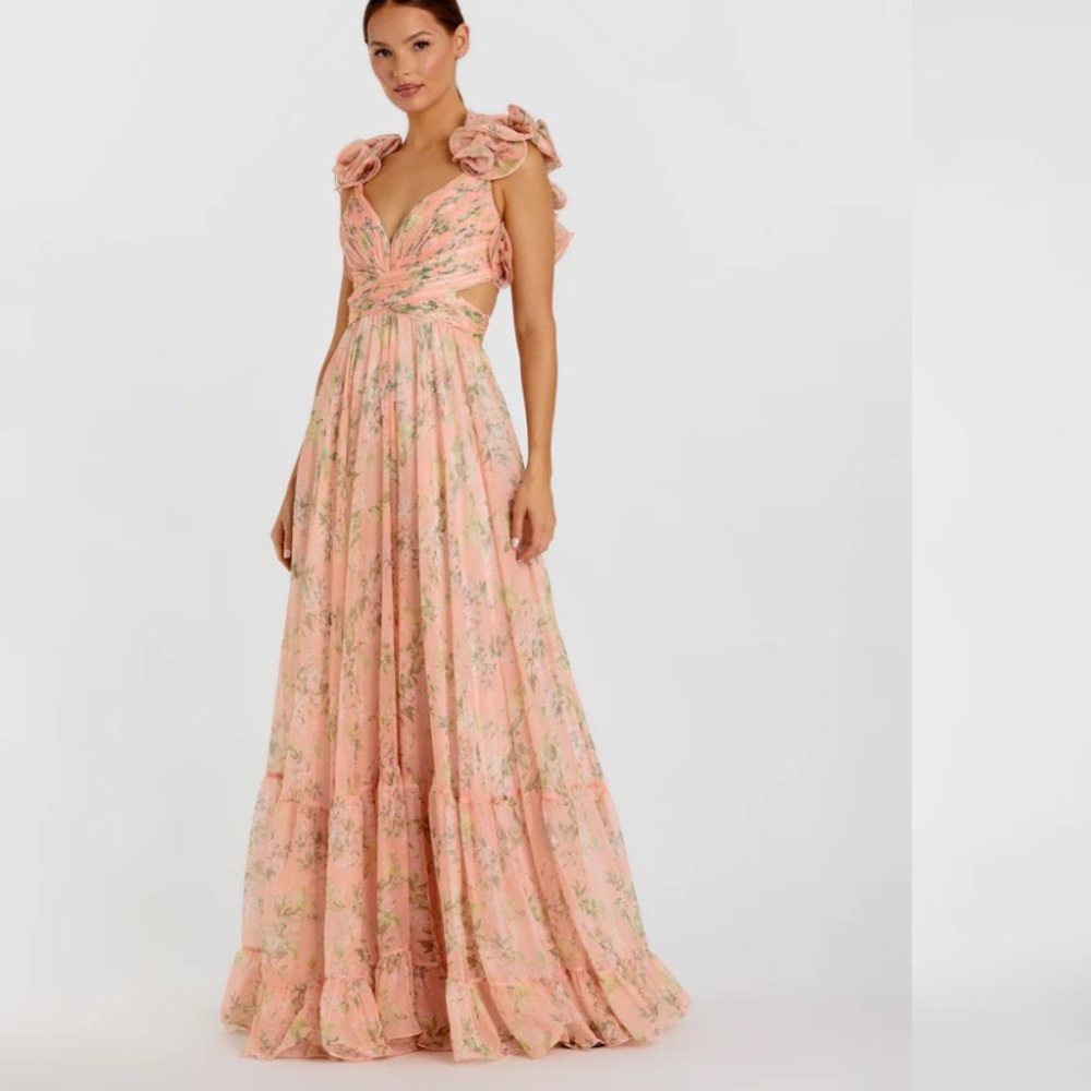 MAC DUGGAL Ruffle Tiered Floral Cut-Out Chiffon Gown